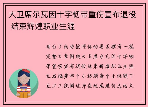 大卫席尔瓦因十字韧带重伤宣布退役 结束辉煌职业生涯